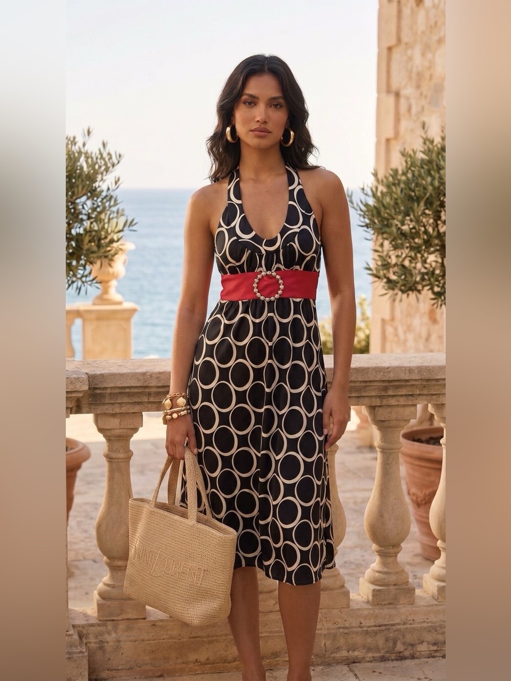 Chic Black and White Patterned Halter Dress